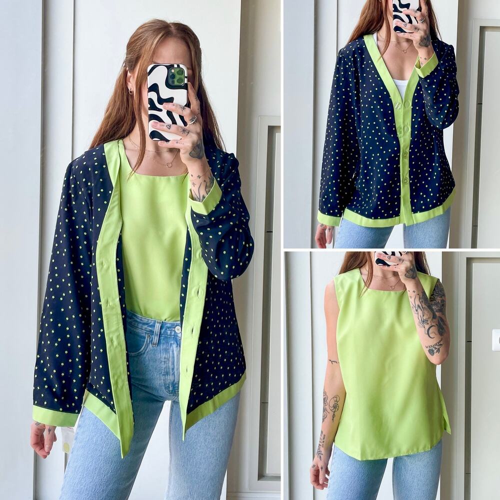 80s Vintage Retro 2 Piece Set Polka Dot Navy Blue Green Shirt Tank - Size 12